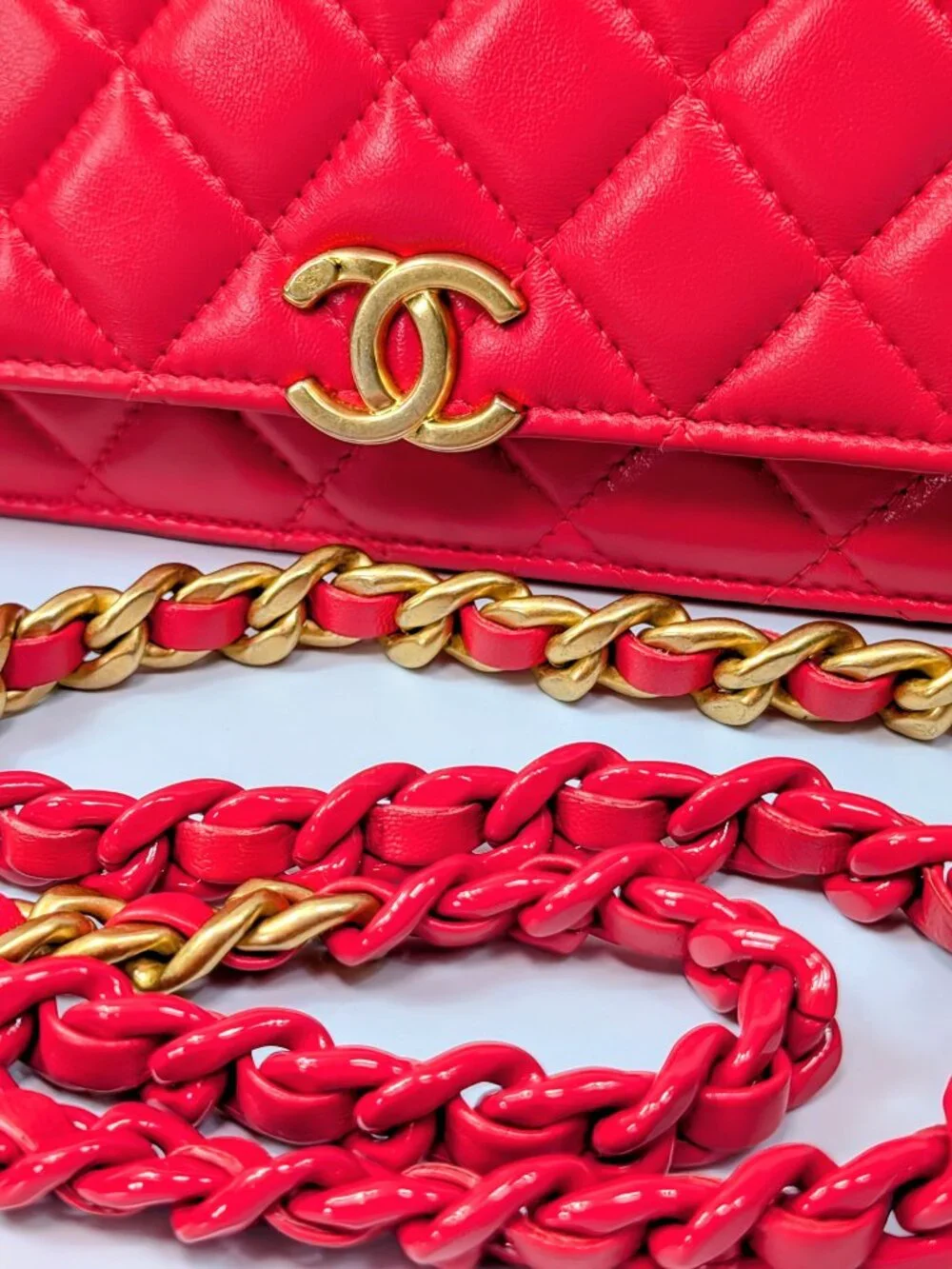Chanel Bright Red Lambskin Classic Wallet on Chain (WOC)